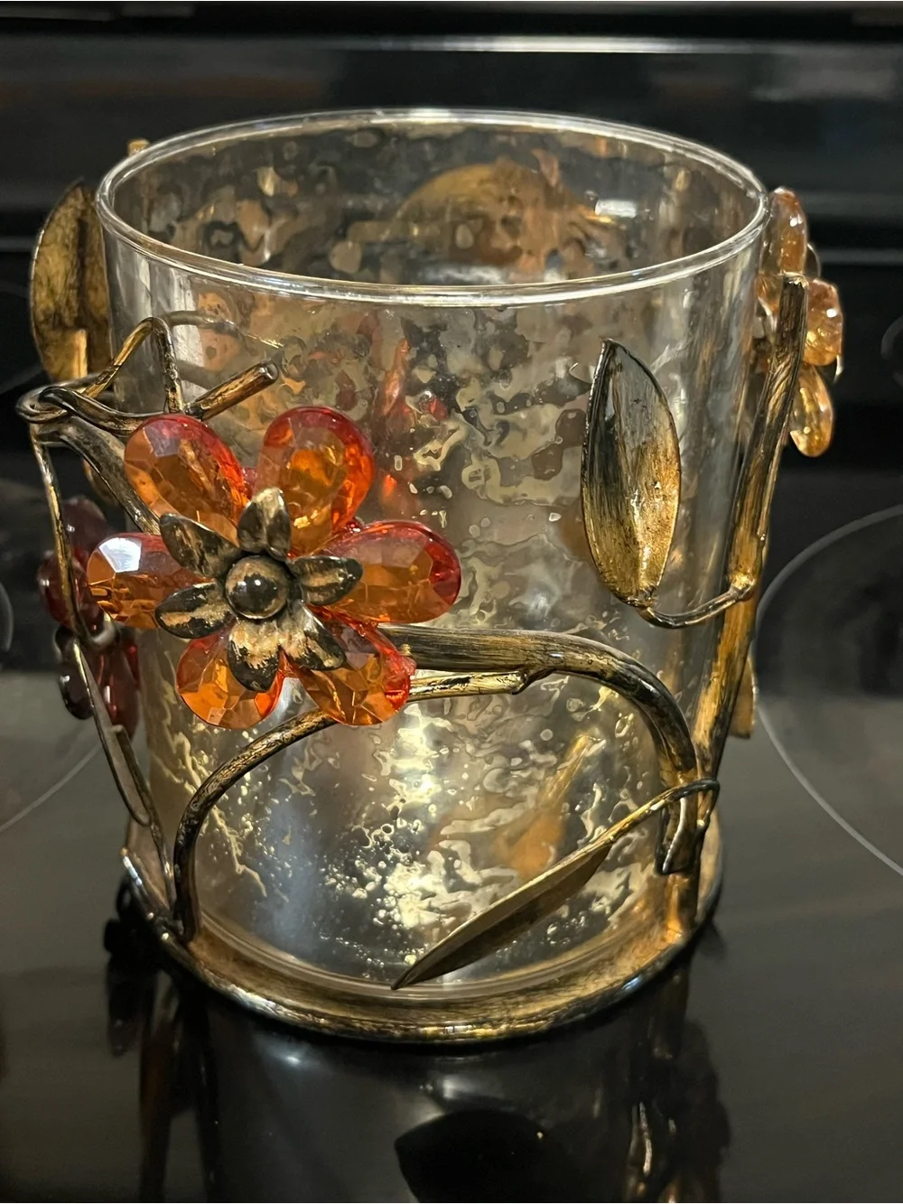 Pier 1 Amber and Clear Floral Glass Candle Holder